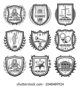 Vintage justice emblems set with judge law book scales Themis statue gavel handcuffs sheriff badge courthouse isolated vector illustration