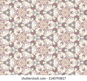 Vintage kaleidoscope abstract seamless pattern, background. Composed of colored geometric shapes. Useful as design element for texture and artistic compositions.