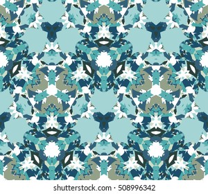 Vintage kaleidoscope seamless pattern. Composed of color abstract elements located on a white background. Useful as design element for texture and artistic compositions.