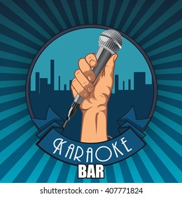 Vintage Karaoke Bar Poster. Hand Holding A Microphone In A Fist