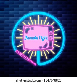 Vintage karaoke emblem glowing neon