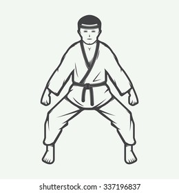 Vintage karate boy in retro style. Can be used for logos, emblems, badges, labels and design elements. Vector illustration