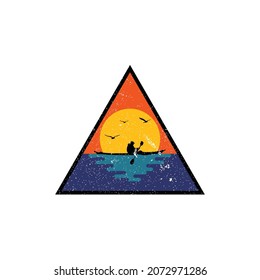 Vintage Kayak Adventure Stamp Logo in Triangle shape applied for Community logo design inspiration. Kayak and canoe, vacation rental logo design, outdoor logo, and landscape