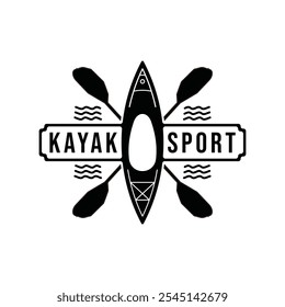 Vintage kayak logo design. with a retro-style illustration of a kayak with paddles and waves.