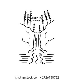 Vintage keep it simple camp logo design. Outdoor adventure waterfall line art scene, hiking landscape. Silhouette linear concept. Stock vector insignia