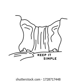 Vintage keep it simple camp logo design. Outdoor adventure waterfall line art scene, hiking landscape. Silhouette linear concept. Stock vector insignia isolated on white