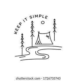 Vintage keep it simple logo design. Outdoor adventure line art scene, hiking landscape. Forest label with tent, Silhouette concept. Stock vector badge