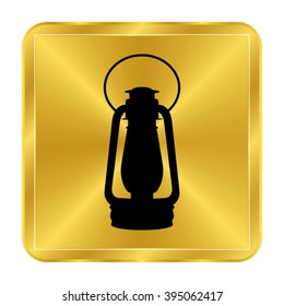Vintage kerosene lamp - black vector icon;  gold button