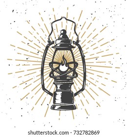 Vintage kerosene lamp with light lines. Design element for poster, greeting card, banner. Vector illustration