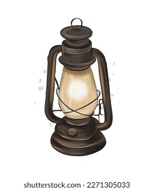 Vintage kerosene lamp from multicolored paints. Splash of watercolor, colored drawing, realistic, flashlight. Vector illustration of paints