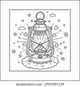 Vintage Kerosene Lamp Outline Vector. Old Fashioned Lantern Line Art on a Cloud for Coloring Page, Nursery Graphic, or Winter Decoration. 