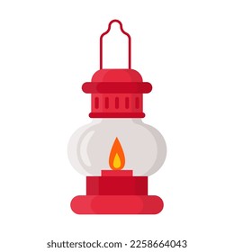 Vintage kerosene lamp vector illustration. Old lantern with holder and lighting for miners or travelers on white background. Camping, traveling concept