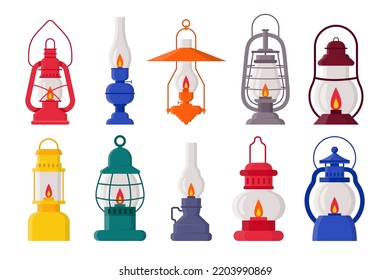 Vintage kerosene lamps vector illustrations set. Collection of old oil, gas lanterns with holders and burning candles, lighting for miners or travelers on white background. Camping, traveling concept