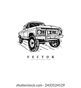 Vintage ketch hand drawn pick up truck car logo design vector art illustration