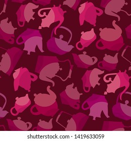 Vintage kettle silhouette seamless pattern. Decorative kitchen coffee pot symbol in pink red color. Repeatable motif, surface tile rapport, background, fabric, textile.