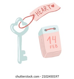 Vintage key and 14 february date calendar on white background