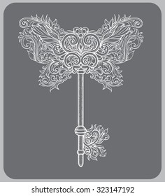 Vintage key in antique style with butterfly wings in Damascus patterns