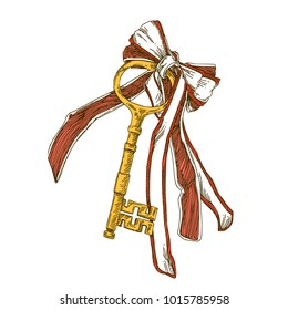 Vintage key with a beautiful big bow. Engraving style. Color. Vector illustration.