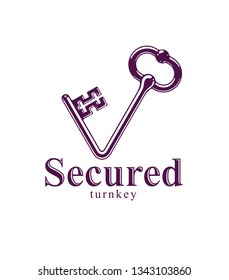 Vintage key bent in a shape of checkmark tick vector logo or icon, protection and security concept, firewall or antivirus, personal data protection.