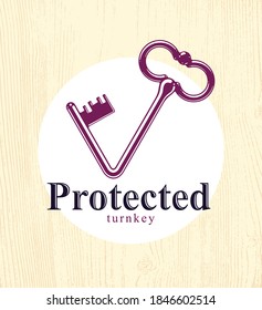 Vintage key bent in a shape of checkmark tick vector logo or icon, protection and security concept, firewall or antivirus, personal data protection.