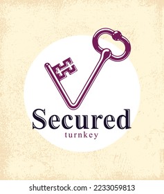 Tecla vintage doblada en forma de icono o logotipo vectorial marca de verificación, concepto de protección y seguridad, cortafuegos o antivirus, protección de datos personales.