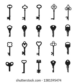 Vintage key black silhouette, security metal collection. Keys for opening door, or closing a lock, starting a car engine Vector illustration