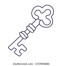 Vintage key in doodle style. Hand drawn vector illustration in black ink isolated on white background.  Great for coloring book.