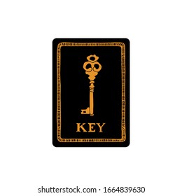 Vintage key drawing. Hand drawn tarot card template. Tarot vector illustration in vintage style with mystic symbol and lettering. Witchcraft concept for tarot readers