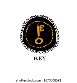 Vintage key drawing. Hand drawn antique key template. Retro vector illustration in doodle style with mystic symbol and lettering. Witchcraft concept