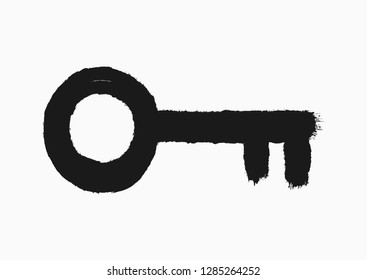 Vintage key drawn by hand with a rough brush. Grunge icon, symbol, sign. Sketch, watercolor, paint, graffiti. Isolated vector illustration.