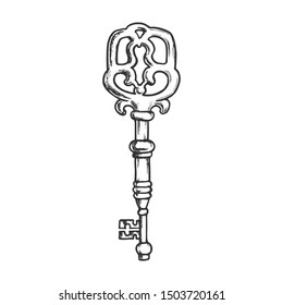 Vintage Key Filigree Medieval Monochrome Vector. Entrance Door Lock And Unlock Element Decorative Iron Skeleton Key. Template Hand Drawn In Retro Style Black And White Illustration