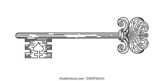 Vintage key with floral motif and heart. In the style of engraving. Boho chic. magic, witchcraft, astrology, mysticism. For logo, posters, cards, banners, fabric printing, tattoo design.