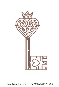 Vintage key in the Gothic style. A filigree heart with a crown. Magic items, fantasy, boho. Halloween, Valentines Day. witchcraft. For logo, posters, cards, banners, design elements.