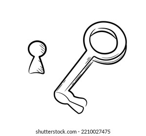 Vintage key  hand  drawn  Simple drawing in doodle sketch style  Keyhole symbol  Line drawing simple black key hole icon  Hand drawn in doodle style  Isolated vector illustration 