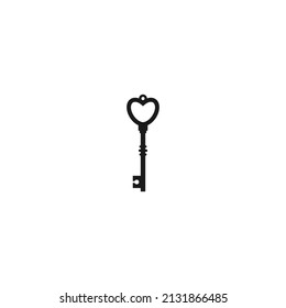 Vintage Key With Heart Icon. Love Mystery, Clue And Magic Symbol. Unlock, Hint, Tint And Secret Concept. Vector Illustration Isolated On White. Home, House Retro Key