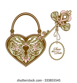 Vintage key and heart shape ornamental lock hand drawn vector illustration