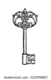 Vintage key. Ink sketch isolated on white background. Hand drawn vector illustration. Retro style.