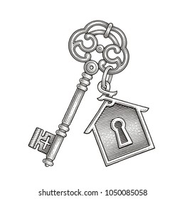 Vintage key with keychain. Hand drawn engraving style illustrations.