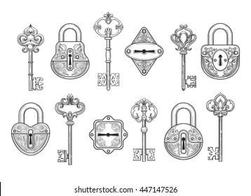 Vintage Key, Keyhole And Lock Set Or Victorian Padlock Elements Vector Illustration