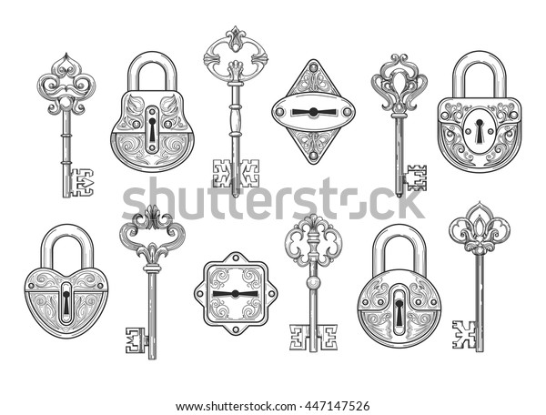 ビンテージキー 鍵穴と錠のセット またはビクトリアの南京錠のエレメントのベクターイラスト のベクター画像素材 ロイヤリティフリー