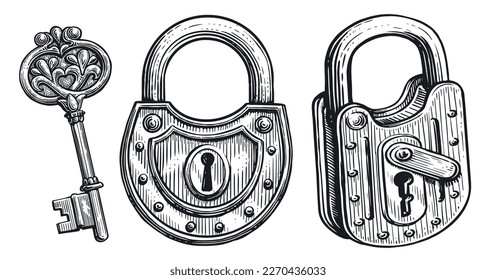 Vintage key, keyhole, padlock in style old engraving. Hand drawn sketch vector illustration