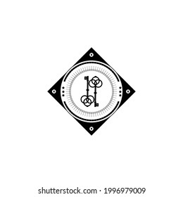 Vintage-Schlüssellogo mit Linienbürste, umgeben von bolzenartigen Objekten