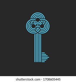 Vintage key logo patterned monogram from interweaving of blue thin lines, home symbolic sign in Celtic style