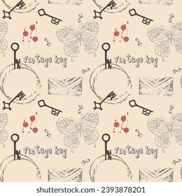 Vintage key pattern with wine stains, old keys, stamp imprints, steampunk butterfly outline, on background of old shabby paper. Vector illustration