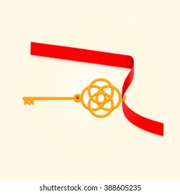 Vintage key and ribbon for your text. Old fashioned key with diamond. Vector illustration