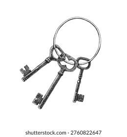 Vintage Key Ring Vector Hand Drawn Antique Skeleton Keys Bundle Sketch Rustic Iron Metal Lock Opener Abandoned Greenhouse