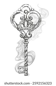 Vintage Key with Royal Crown and Swirling Smoke – Detailed Black and White Engraved Illustration in Baroque and Victorian Style, Perfect for Tattoos, Logos, Prints, Branding, and Graphic Design Projec