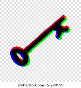 Vintage key sign. Vector. Black icon with red-green-blue contours on transparent background.