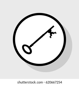 Vintage key sign. Vector. Flat black icon in white circle with shadow at gray background.