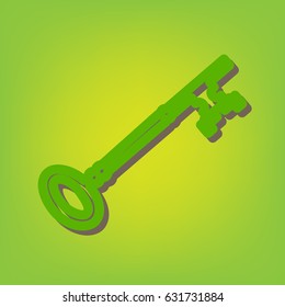 Vintage key sign. Vector. Green line icon with brown shadow at green-yellow background.
